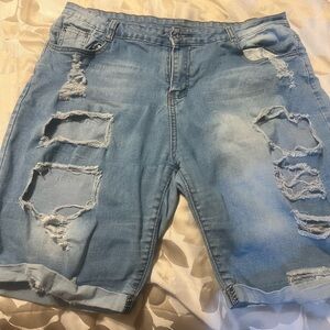 Distressed Light Blue Denim Shorts